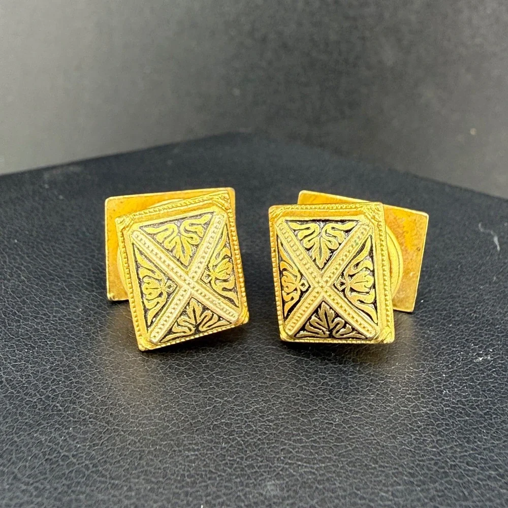 Vintage Damascene Cufflinks Gold Tone Black Enamel Geometric Scrollwork READ